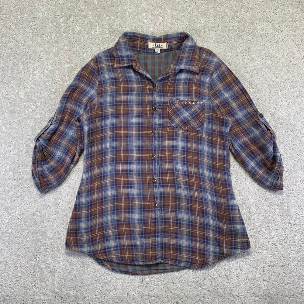 Y2K L.E.I. Shirt Womens XL JRS Plaid Cedar Button‎ Down Roll Up Sleeve Studded